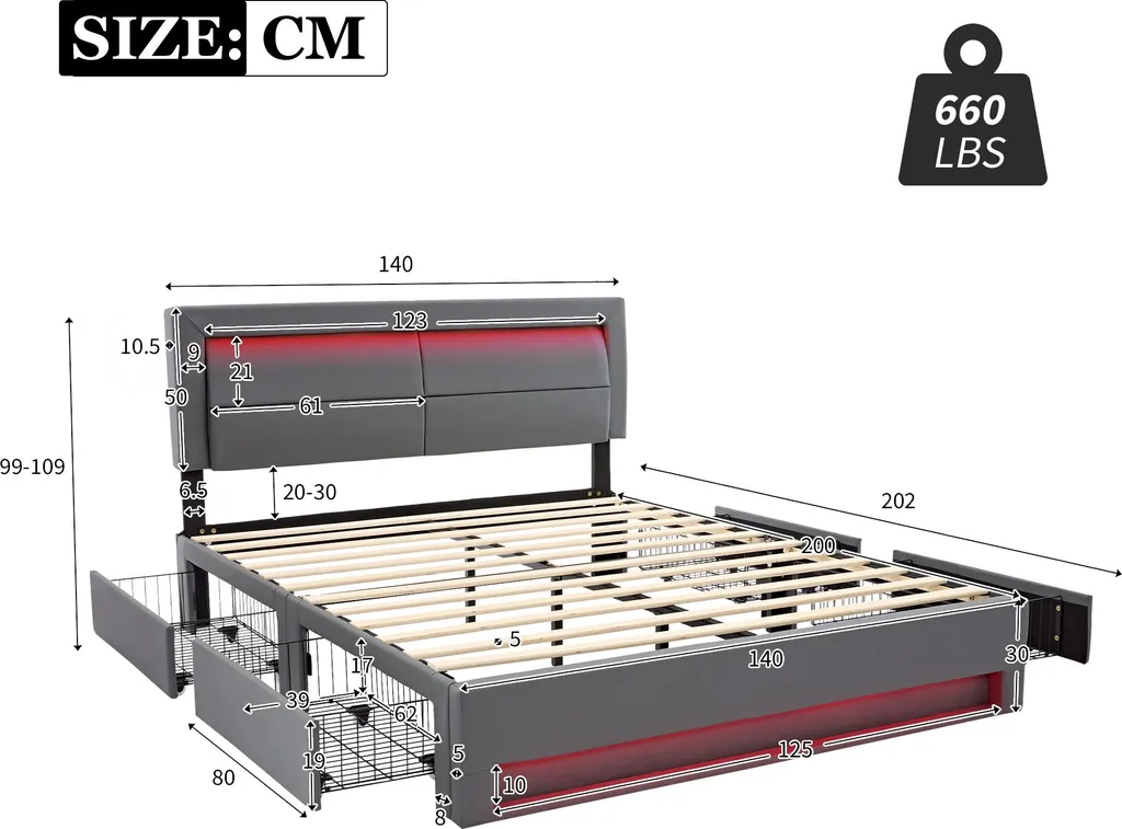 Lit Double Gris 140x200 cm en Polyuréthane avec Chargeur Induction