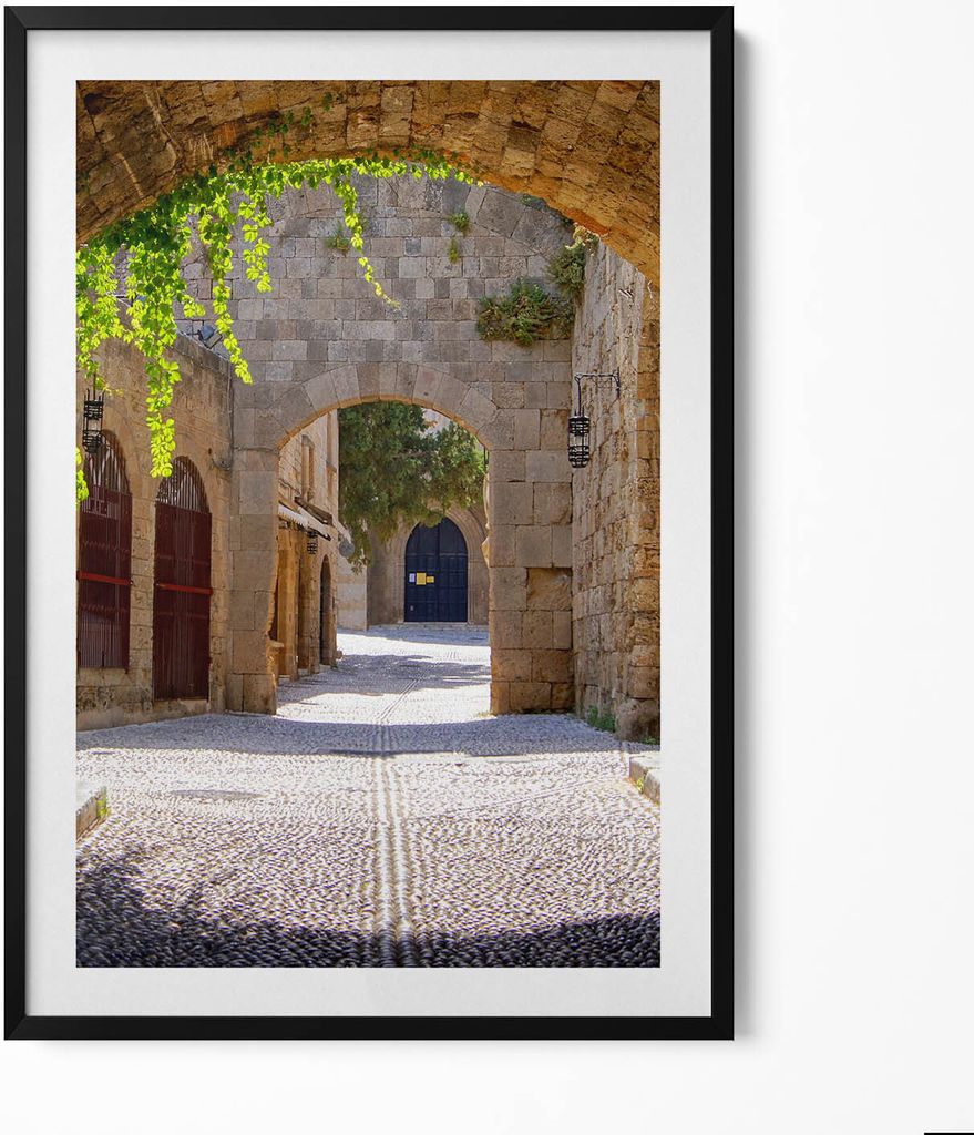 Mittelalterliche Straße von Rhodos Griechenland– Wandbild mit Rahmen – Gerahmtes Bild – Wanddekoration – 70x100 cm – Schwarz Rahmen