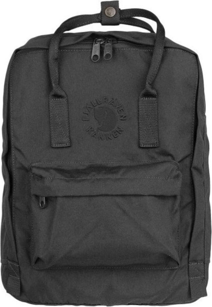 A black Fjällräven Rucksack Re-Kanken is shown from the front against a white background.