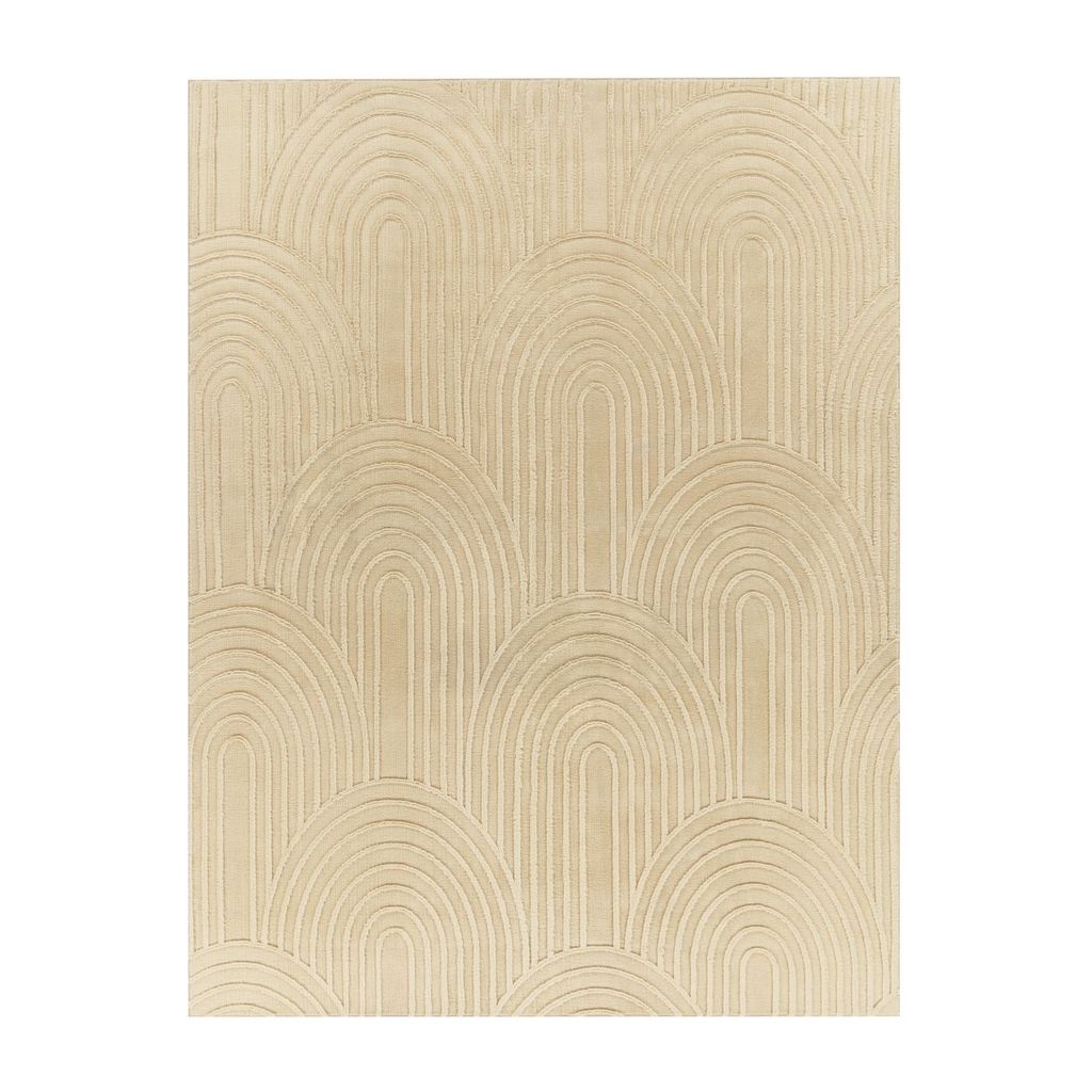 A flat lay of a rug with a geometric arch pattern.