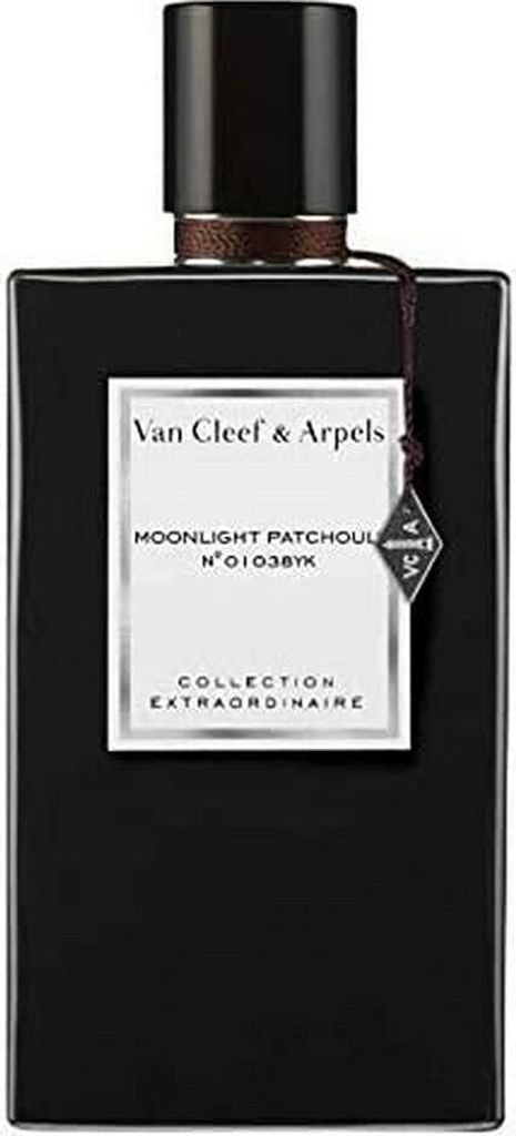 A black bottle of Van Cleef & Arpels perfume with a white label.