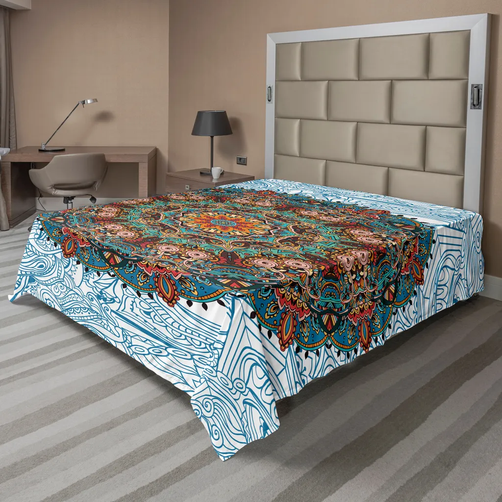 Drap de lit supérieur motif Mandala oriental bleu pour grand lit double