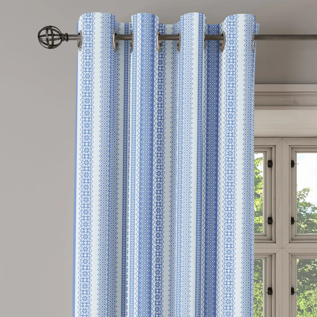 Rideau géométrique vertical brodé Bleu 280x175 cm à œillets