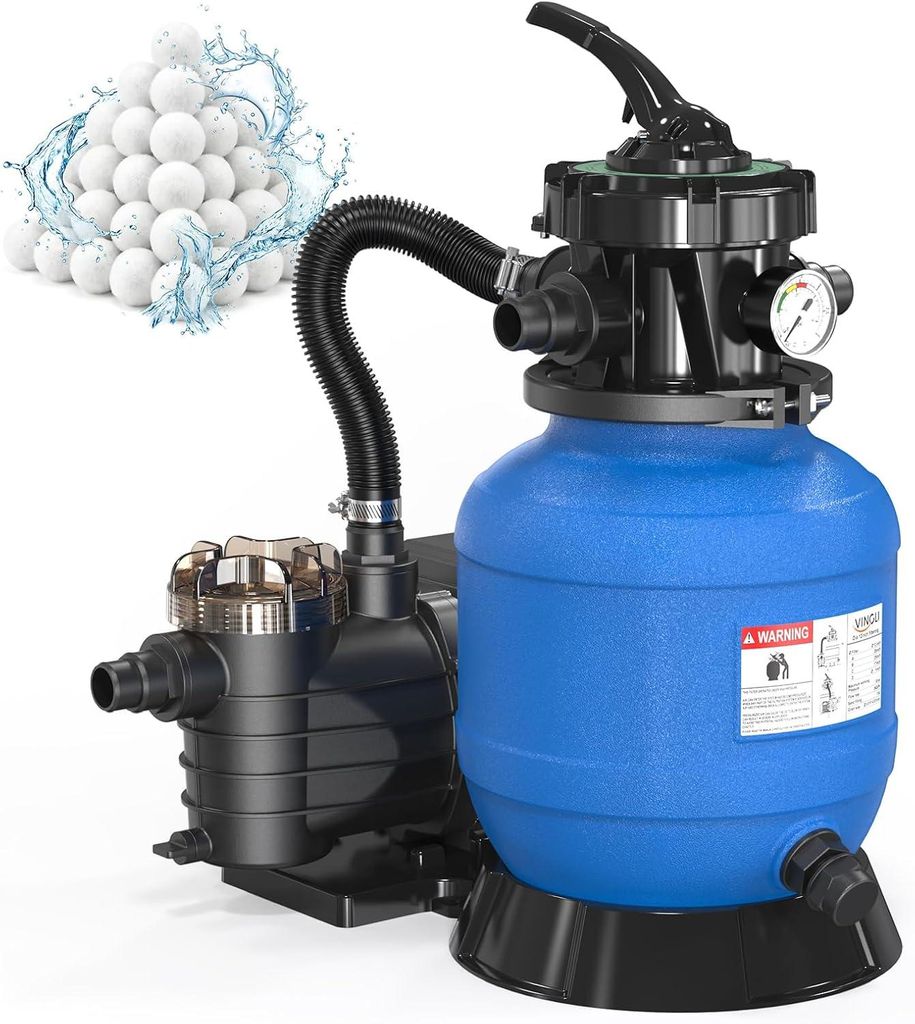 FCH Sandfilteranlage Pool 7900 L/H inkl. 400g Filterbälle, Poolpumpe Sandfilter mit 7 Wege Ventil, Pool Filteranlage Sandfilter