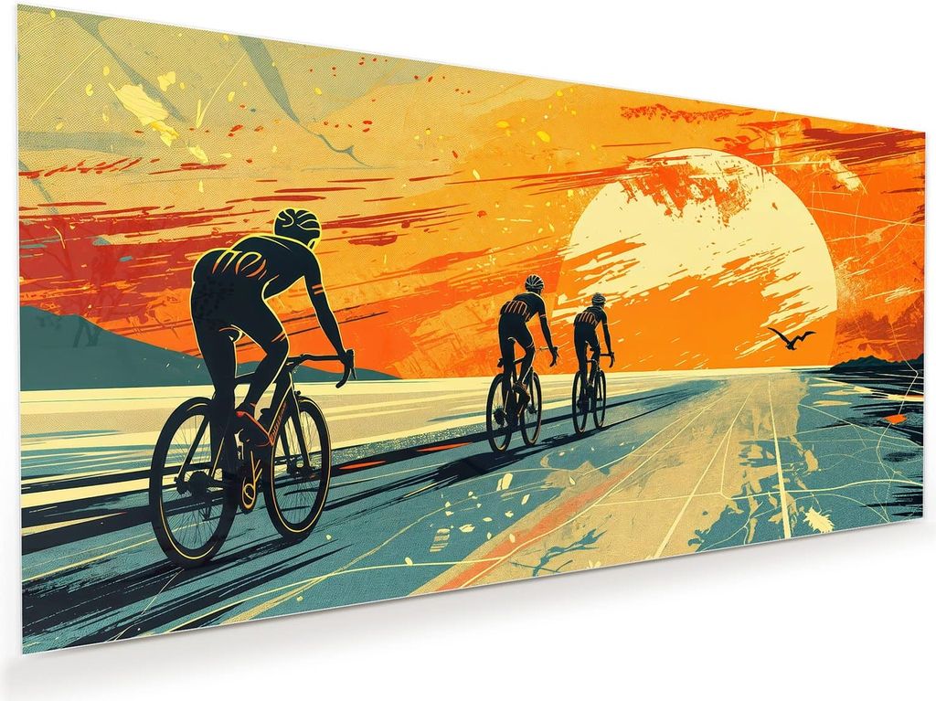 Glasbild 120x60cm in XXL für Wohnzimmer, Schlafzimmer Motiv Radfahrer Sonnenuntergang