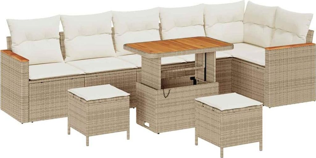 vidaXL Garten-Sofa-Set mit Kissen mit Speicher Beige Poly Rattan