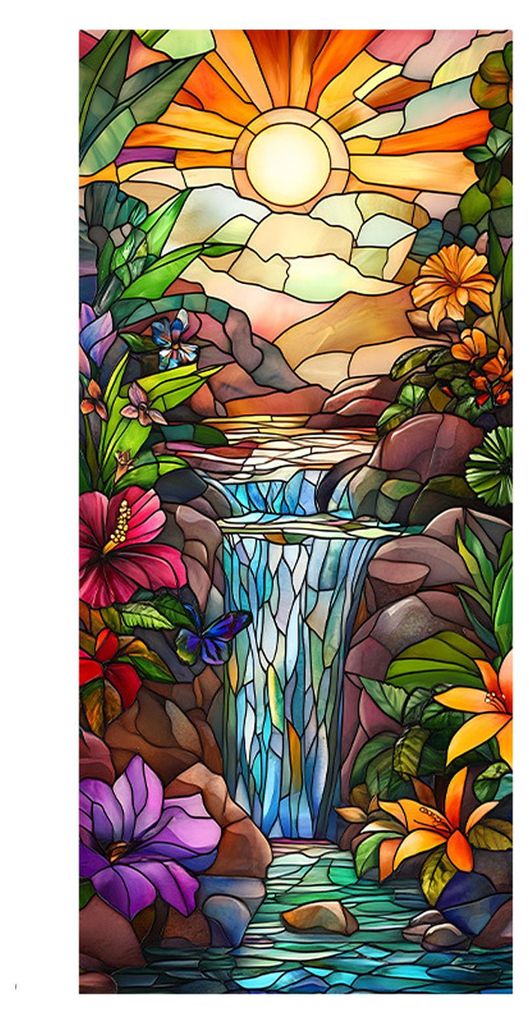 Sichtschutzfolie mit tropischem Flamingo-Buntglas-Motiv, statisch haftend, wärmeregulierend, Türfolie mit Palmenblatt-Blumenmuster für Badezimme...
