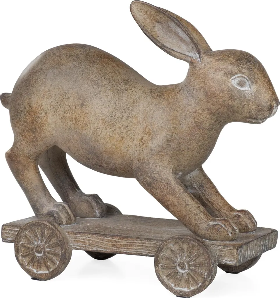 Figurine Lapin sur roulettes 19 cm en résine rustique style vintage