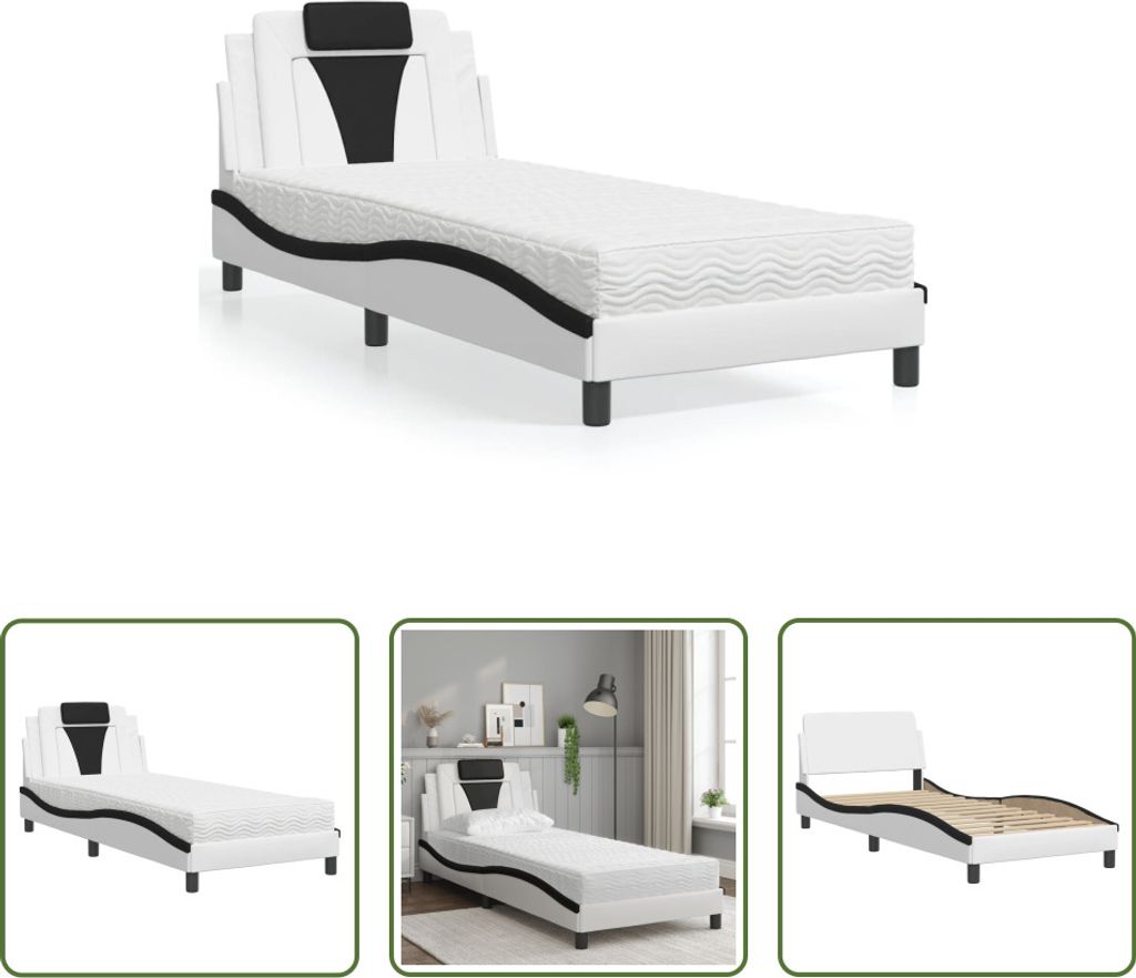 The Living Store Bett mit Matratze Weiß und Schwarz 90x200 cm Kunstleder