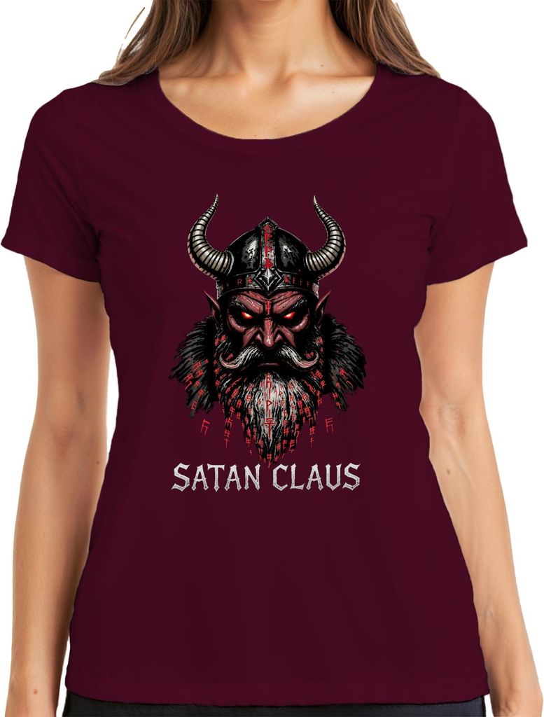 Satan Claus Teufel Wikinger Hörner Bart Runen Weihnachten Gothic Damen T-Shirt, Burgundy, L