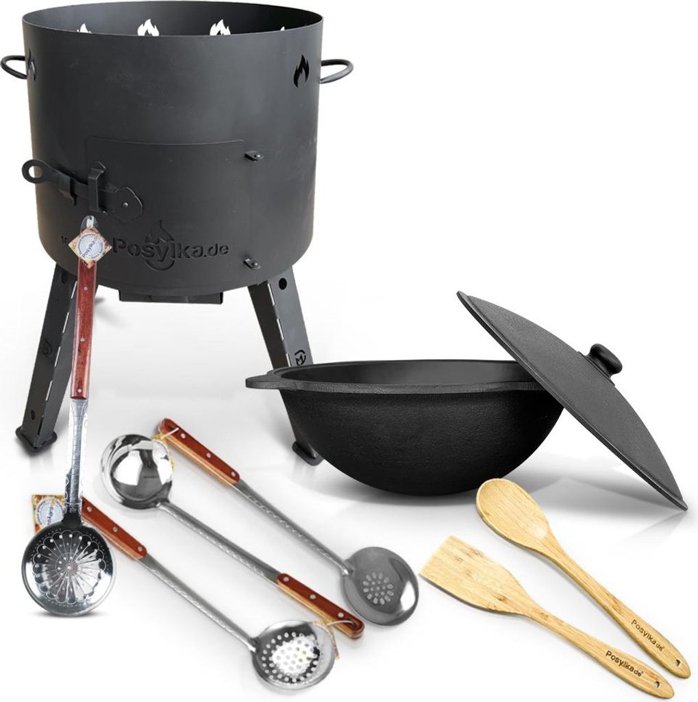 Kessel 16 L Feuerofen Utschak Grill 44 cm Kazan WOK Aluminiumdeckel Schaumlöffel Outdoor Dutch Oven