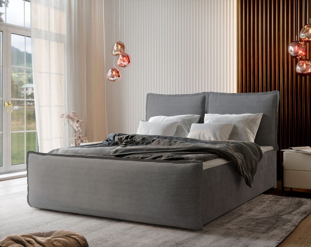 Masseno Boxspringbett MONTA 180x200 cm Komplett-Set mit Bonell Matratze und Topper, Polsterbett mit Bettkästen -Hellgrau, LINCOLN 86