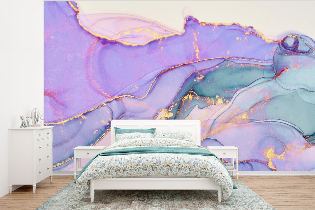 MuchoWow Fototapete für Wohnzimmer oder Schlafzimmer Wandtapete Vinyl Motivtapete Gold - Marmor - Lila - 375x280 cm - Schlafzimmer tapete