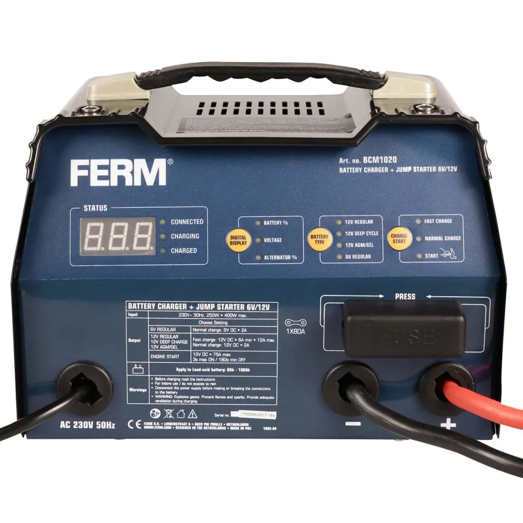 Chargeur batterie 12A haute performance FERM BCM1020 robuste 6V/12V