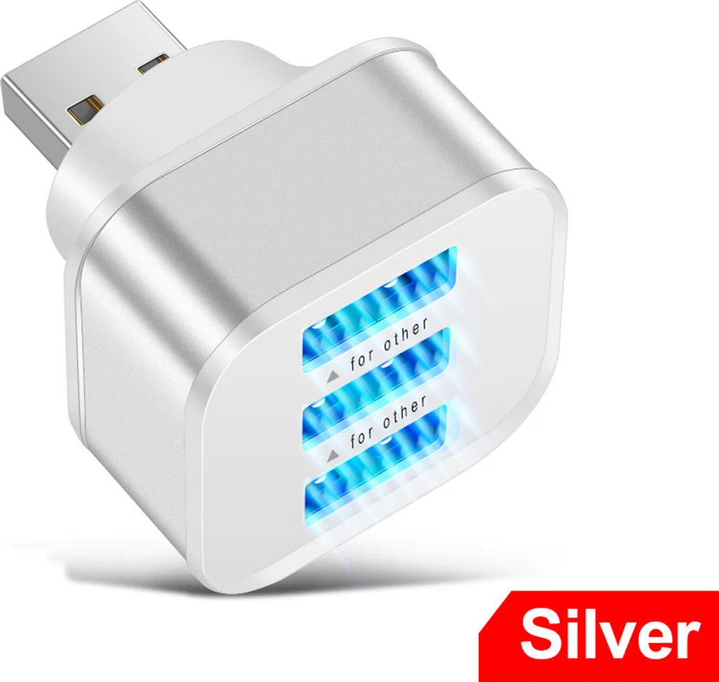 3 in 1 Splitter USB 2.0 Argento per Smartphone con Indicatore LED