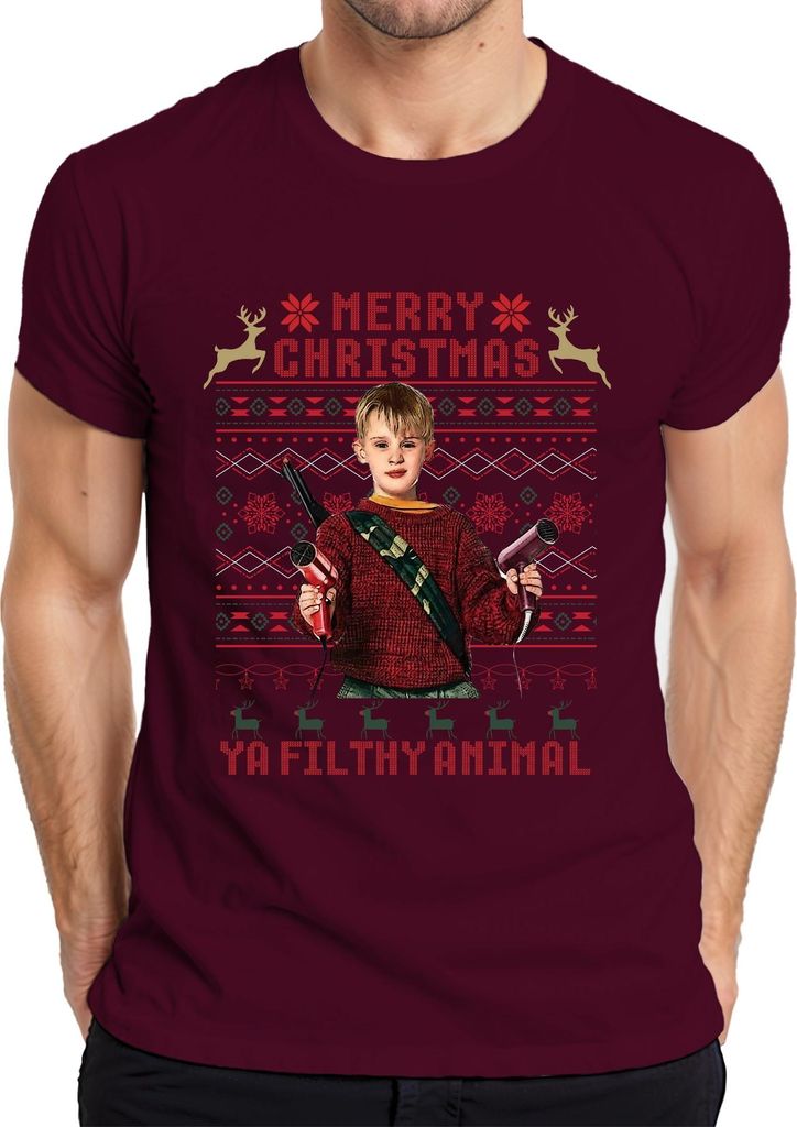 Merry Christmas Ya Filthy Animal Weihnachten Kevin Kult Humor Herren T-Shirt, Burgundy, S