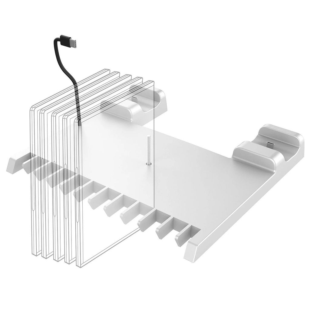 A white charging station for a Playstation 5 Slim console, shown with a USB-C cable connected.