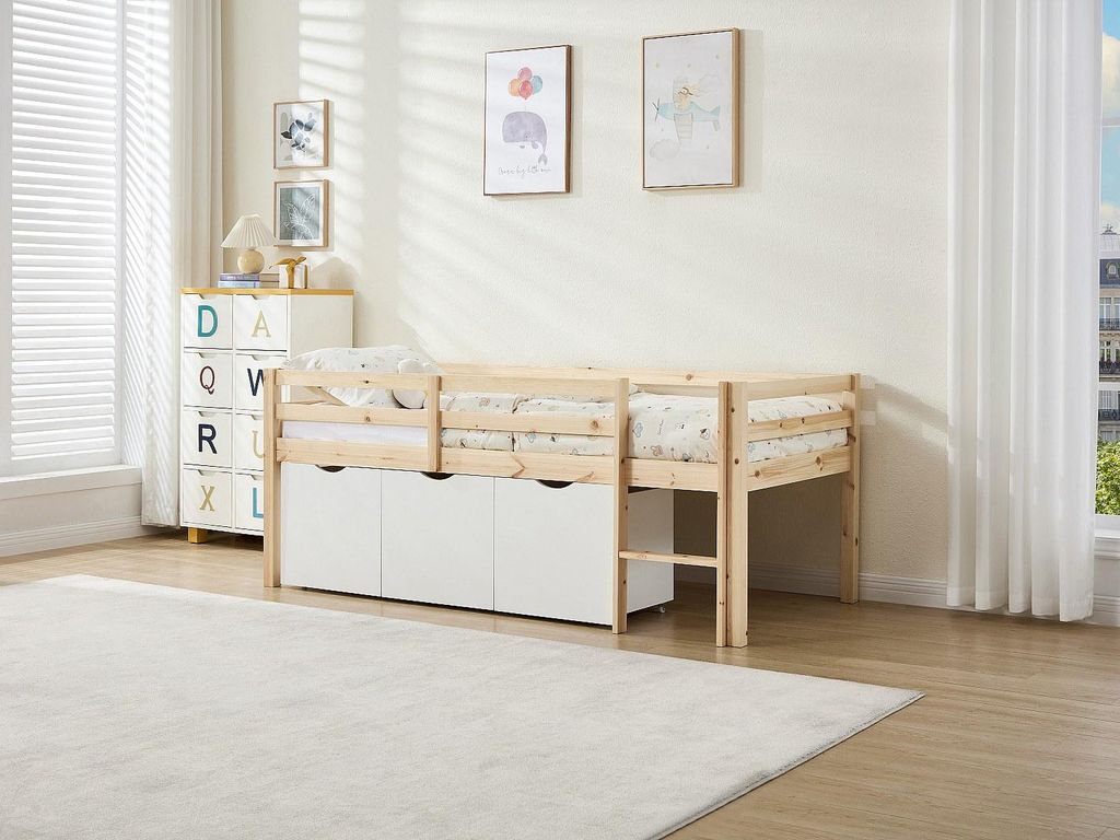 Halbhohes Bett 90 x 190 cm – Mit Stauraum – Kiefer & MDF – Natur/Weiß – LANIORI