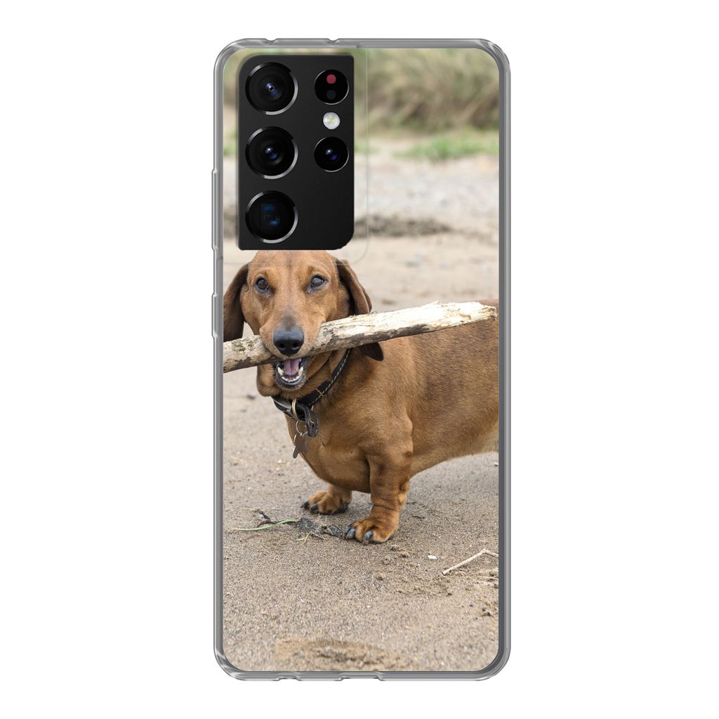 MuchoWow Handyhülle Schutzhülle Hülle für Samsung Galaxy S21 Ultra Ein schöner Dackel mit einem Stock im Maul Silikon Softcase Handy Hülle ...