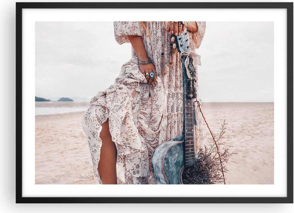Gerahmtes Poster - Schwarzer Rahmen - Frau Kleid Gitarre - 70x50 cm - Wand Bild - Wanddeko - Wandbilder - Kunstposter - Wandposter - Bilderrahmen -...
