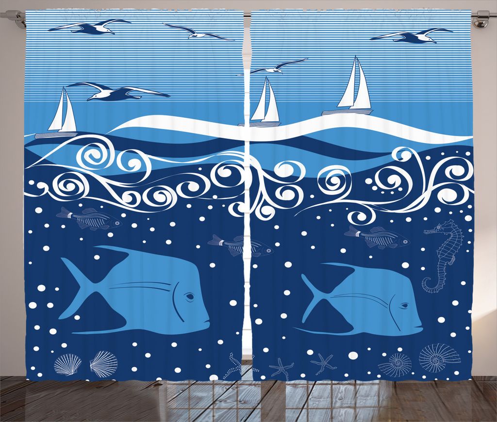 ABAKUHAUS Nautisch Rustikaler Vorhang, Unterwasserleben Sail, Wohnzimmer Universalband Gardinen mit Schlaufen und Haken, 280 x 245 cm, Blau Weiss