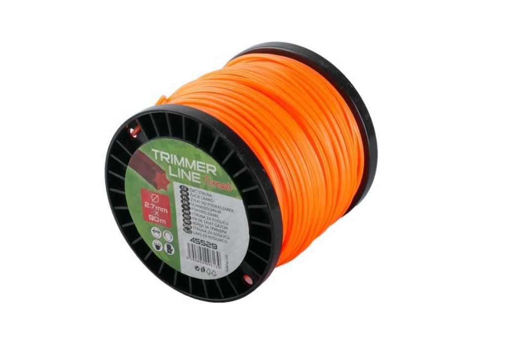 A spool of orange trimmer line on a black spool, presented against a white background.