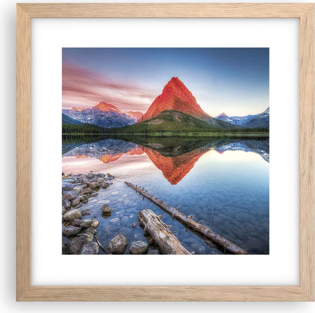 Gerahmtes Poster - Rahmen in heller Eiche - See Berge Spiegelung - 30x30 cm - Wand Bild - Wanddeko - Wandbilder - Wandposter - Bilderrahmen - Bilde...