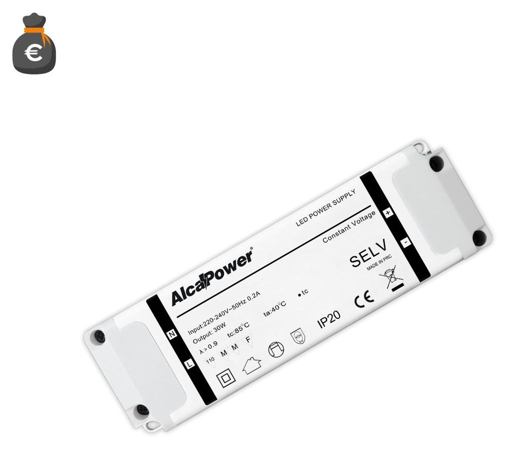 Alcapower Schaltnetzteil für Beleuchtung 12V 30W 2,5A IP20, Überspannungs- und Kurzschlussschutz, 133x42x30mm