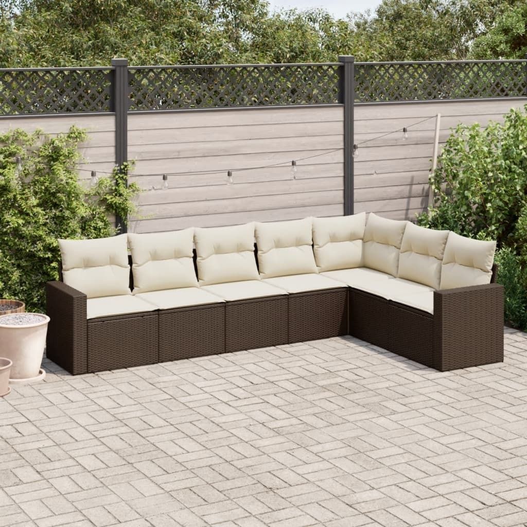 Design 7-tlg. Garten-Sofagarnitur mit Kissen Braun Poly Rattan, Gartenmöbel-Sets 2024 Neu