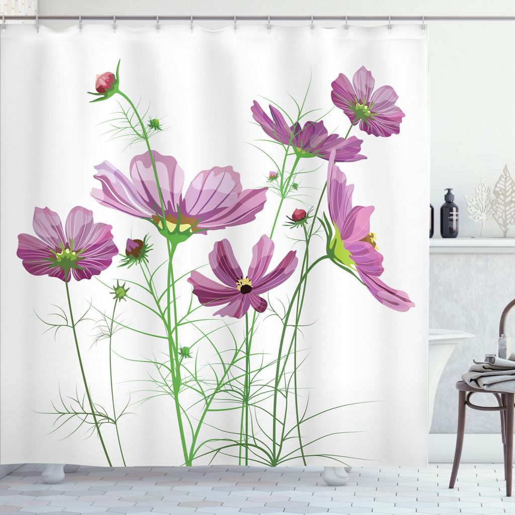 ABAKUHAUS Green Flower Duschvorhang, Cosmos Bipinnatus Muster Frühling Saison Flora Asteraceae Blüte Botanik Element, 175 x 180 cm, Grün Lila