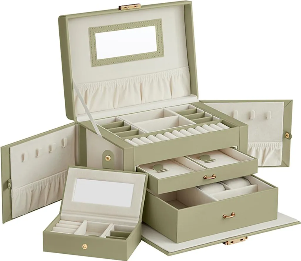 Coffret à bijoux triple niveau vert laurier - Finition PU haut de gamme