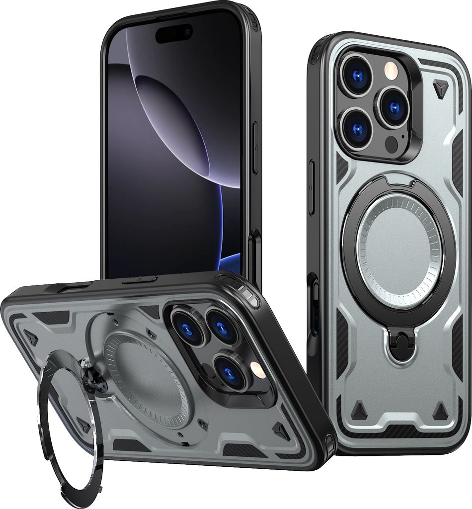Dual Layer Hülle für iPhone 16 Pro Metall Ring Ständer Magnetisch Stoßfest Militär Handyhülle Grau