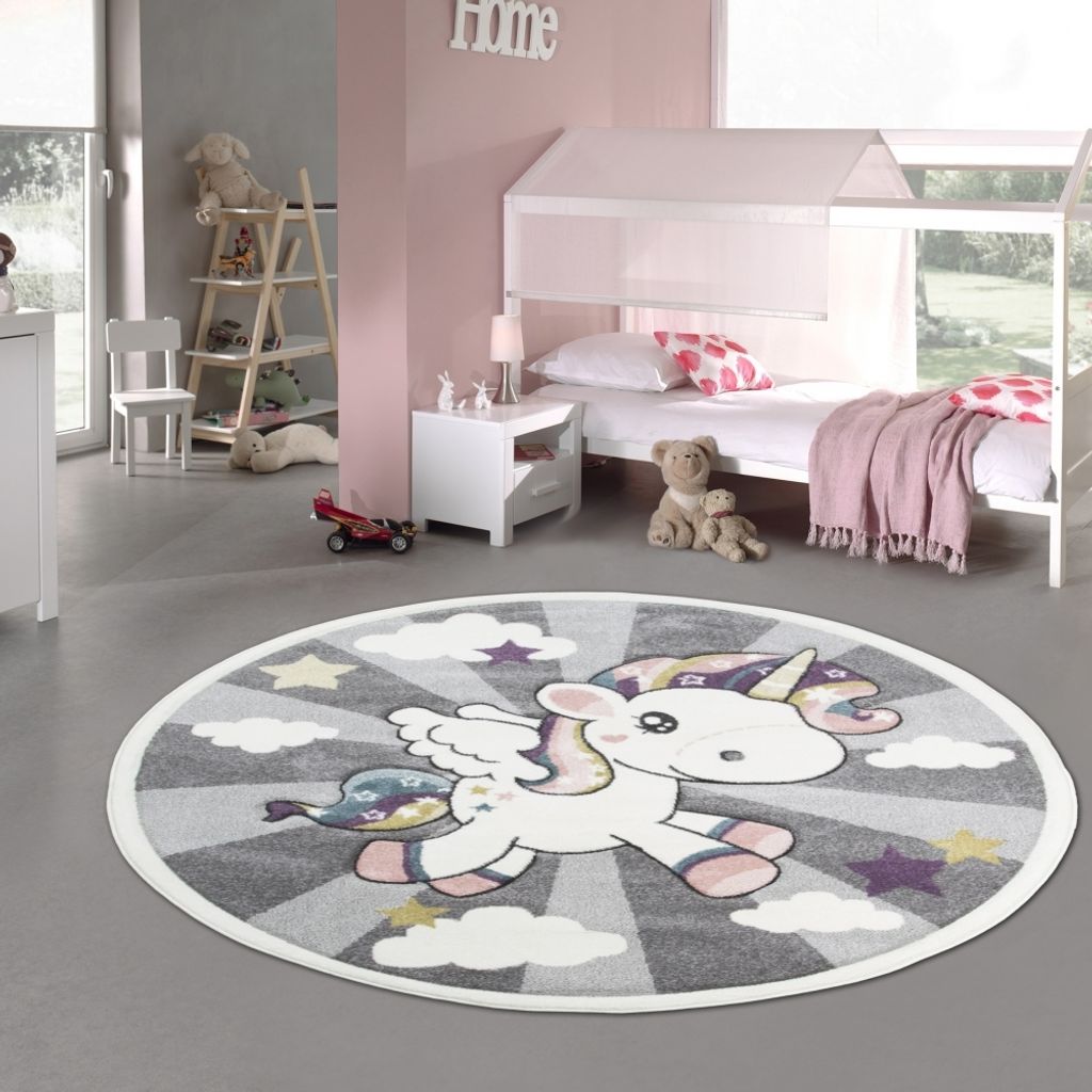 Kinderteppich Spielteppich Babyteppich mit Einhorn Regenbogen in Grau Creme Größe - 160 cm Rund