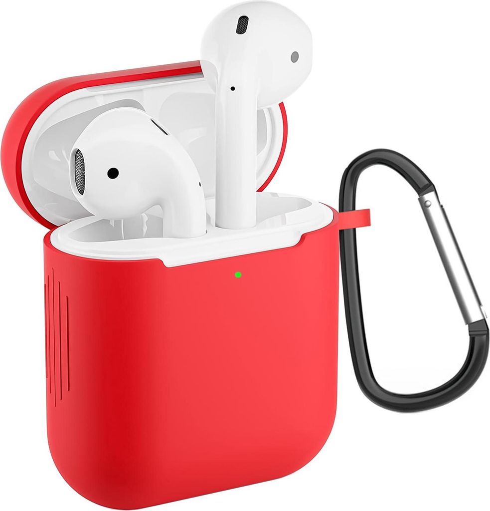 AirPods 1 / 2 Silikon Schutzhülle mit Karabiner, Soft Touch Case, stoßfeste Hülle, rutschfest, 360° Schutz, Rot