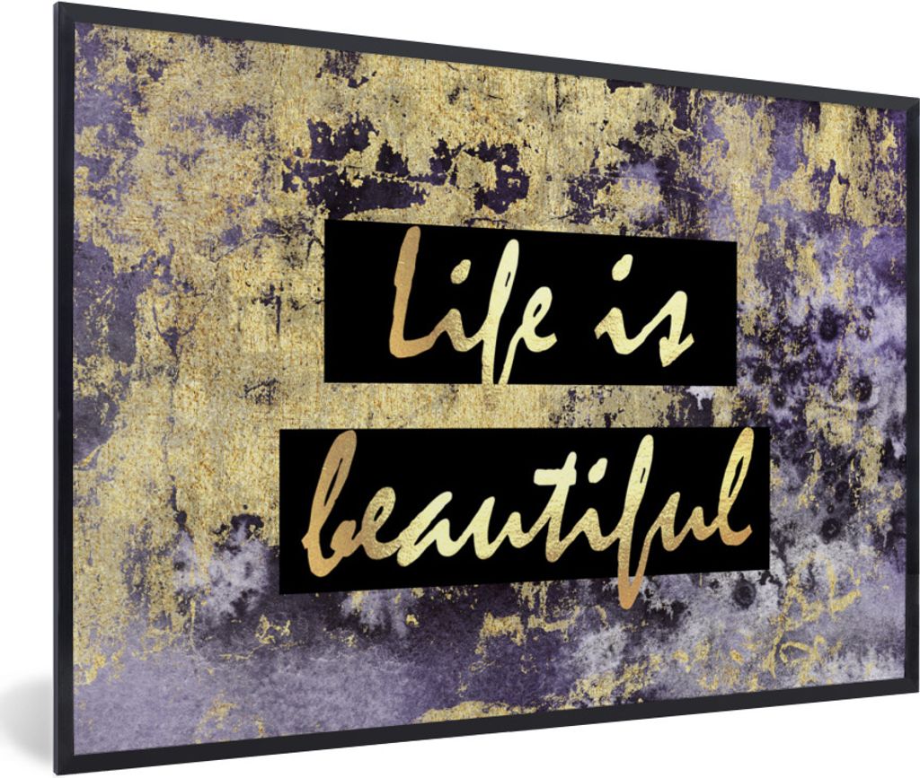 MuchoWow Gerahmtes Poster Zitate - Leben - Gold 90x60 cm - Poster mit Schwarzem Bilderrahmen Wandposter Rahmen Foto Bilder - Fotorahmen - Foto-Pl...
