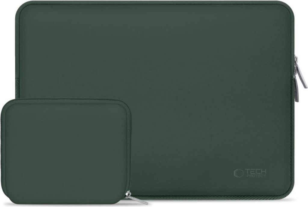 A dark green laptop sleeve and a smaller matching accessory pouch are shown side-by-side on a white background.