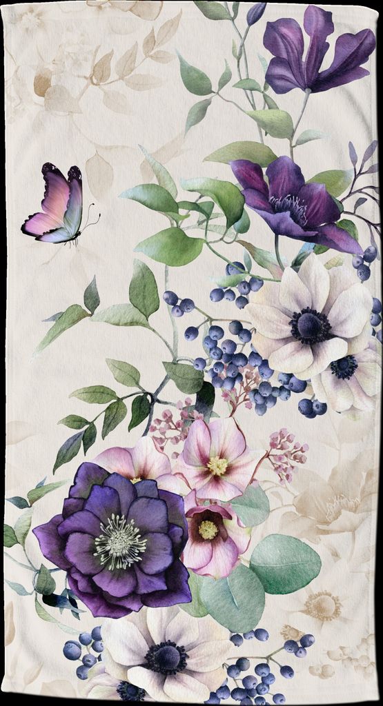 Beach towel Good Morning 100x180 cm - flowers, leaves, and a butterfly