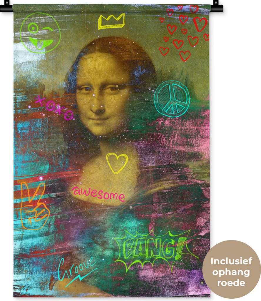 MuchoWow Wandteppich Wandbehang Mona Lisa - Leonardo da Vinci - Neon 60x90 cm Tapisserie Dekoration Wandtuch - Foto-Teppich - Abwaschbar