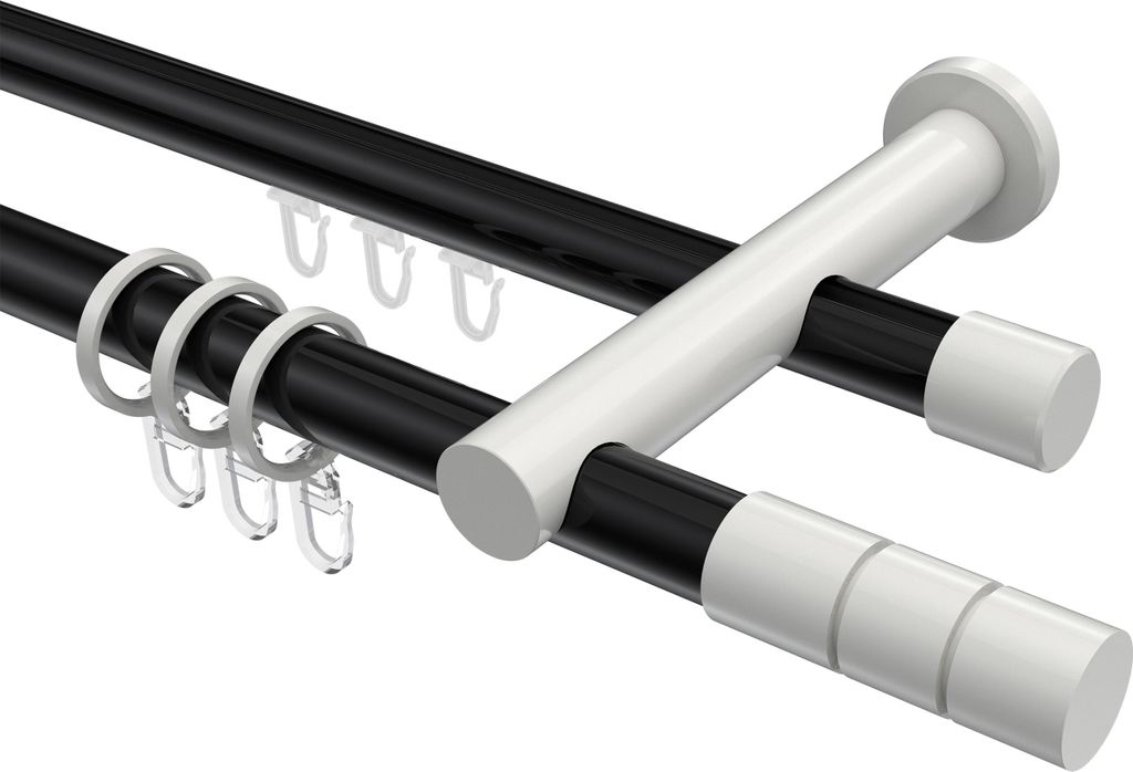 Interdeco Rundrohr-Innenlaufstange / Gardinenstange (Kombination) Schwarz / Weiß, Typ Platon Elanto (Rillenzylinder), 20 mm Ø 2-läufig, 520 cm