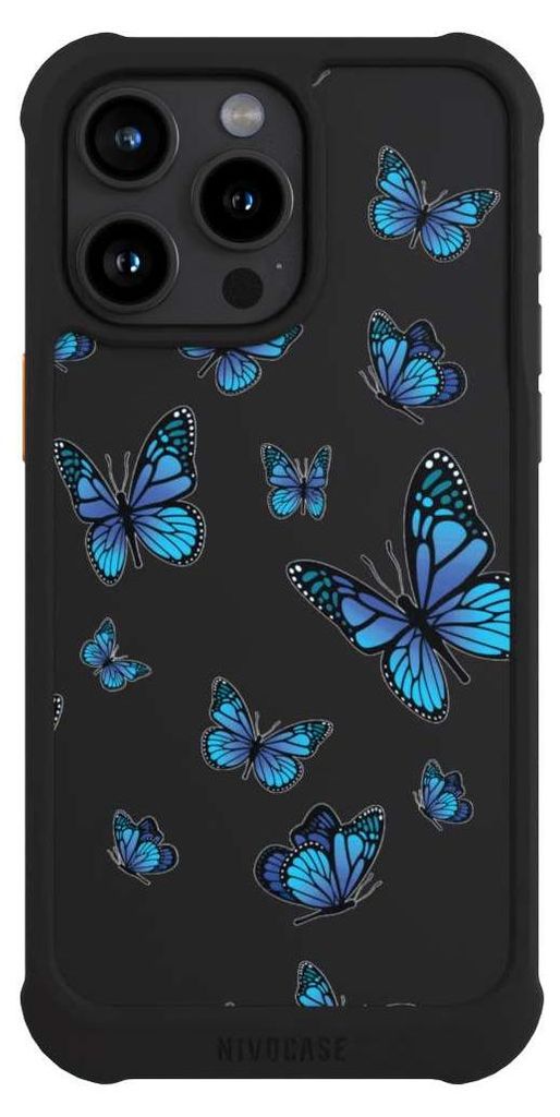 NIVOCASE Hülle für Apple iPhone 15 Pro Max Stoßfeste Handyhülle NIVOmax Case Schwarz Muster Schmetterling transparent