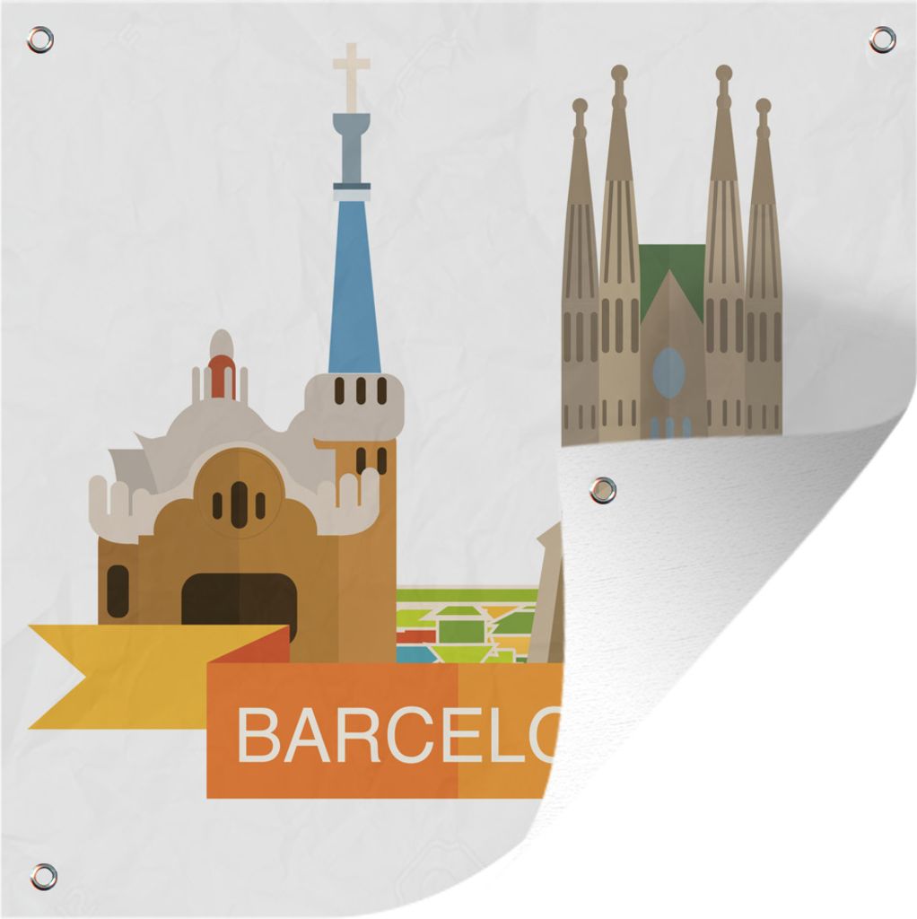 MuchoWow 100x100 cm Outdoor-Poster Gartendeko Sichtschutz Garten Poster für den Garten Eine Illustration des Stadtbilds von Barcelona
