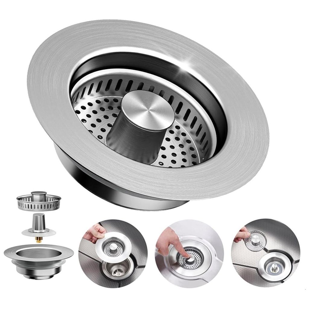 Sieb Spülbecken,3 in 1 Abflusssieb,304 Edelstahl Pop-Up Abflussstopfen Küchenspüle,Spülbecken Sieb für Spülbecken Bohrung 75-86 mm,Tiefe > 40 mm