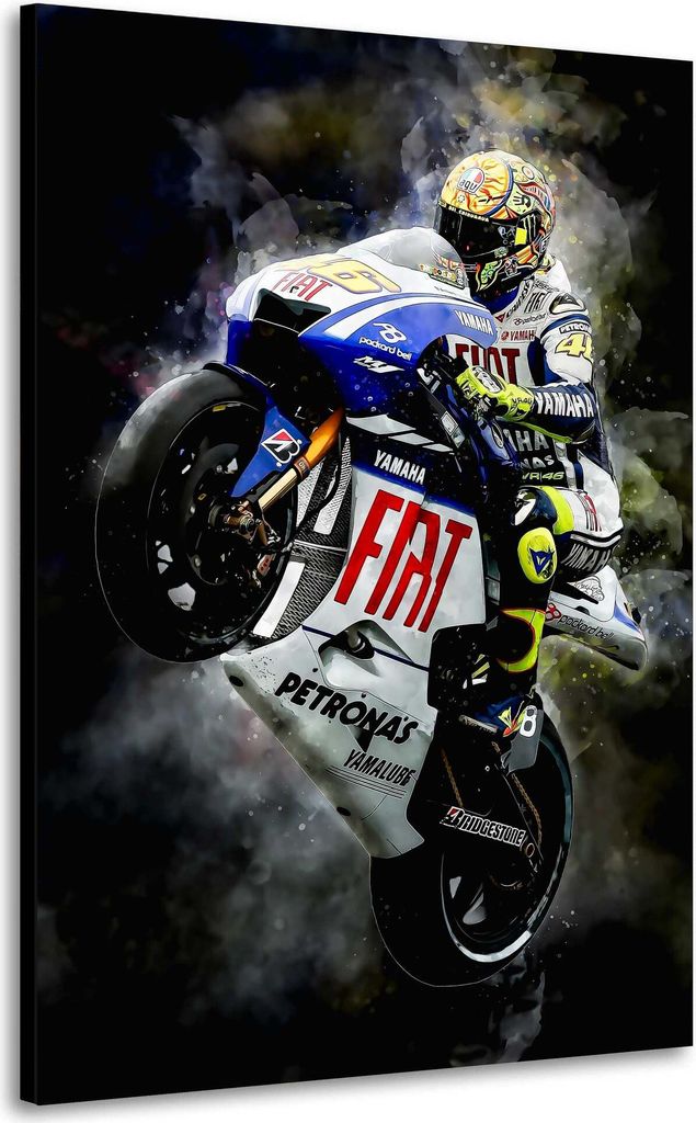 Motorrad Rennsport Valentino Wheelie Wandbild Leinwandbild Kunst XXL Deko: 40x60x2cm