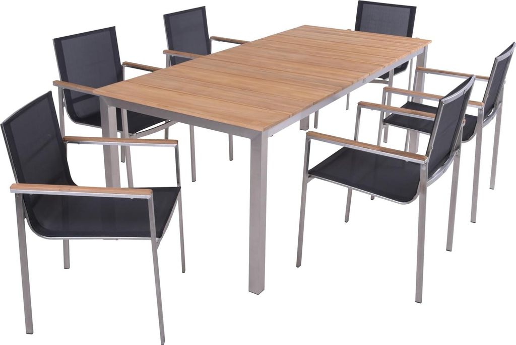 Garten-Sitzgruppe SVEA 7-tlg. Teak Hellbraun Edelstahl | Gartenmöbel-Set Gartengarnitur Garten-Essgruppe mit Stühlen und Esstisch