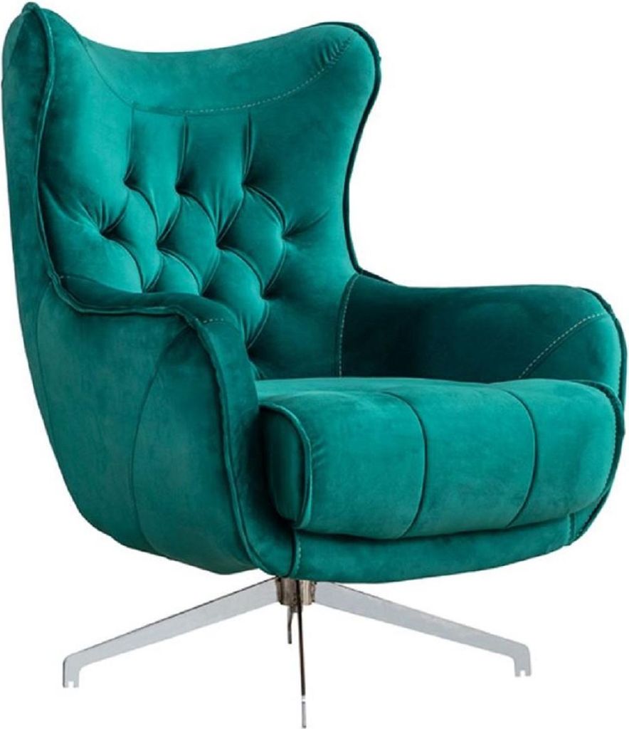 Casa Padrino Luxus Chesterfield Drehsessel Grün / Silber 86 x 82 x H. 100 cm - Wohnzimmer Sessel - Chesterfield Wohnzimmer Möbel