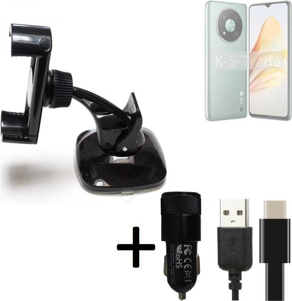 K-S-Trade Handy-Halterung kompatibel mit ZTE XiaoXian 50 Windschutzscheibe / Armaturenbrett + LADEGERÄT mit Mico USB Kabel Autohalterung
