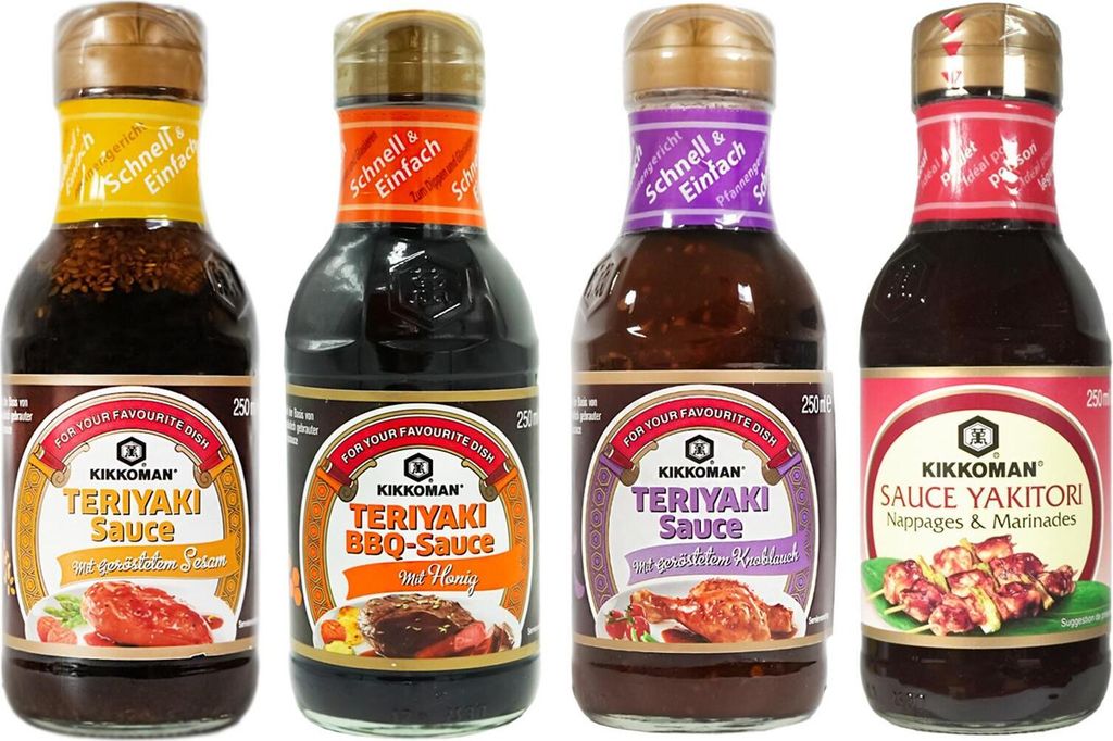 Four bottles of Kikkoman sauces are displayed side-by-side against a white background.