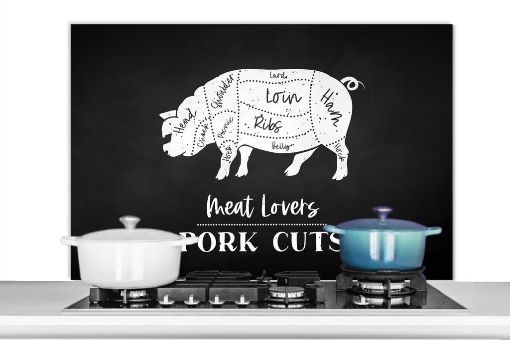KitchenYeah Spritzschutz Küche - Küchenrückwand - Wandschutz für Herd und Spüle - Küche - Schwein - Metzger 100x65 - Alu-Dibond (Alternati...