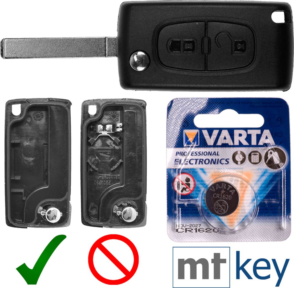 Autoschlüssel Funk Fernbedienung Austausch Gehäuse mit 2 Tasten + VA2 Rohling + Batterie kompatibel mit Peugeot 407 Partner Citroen C2 C3 Berlingo