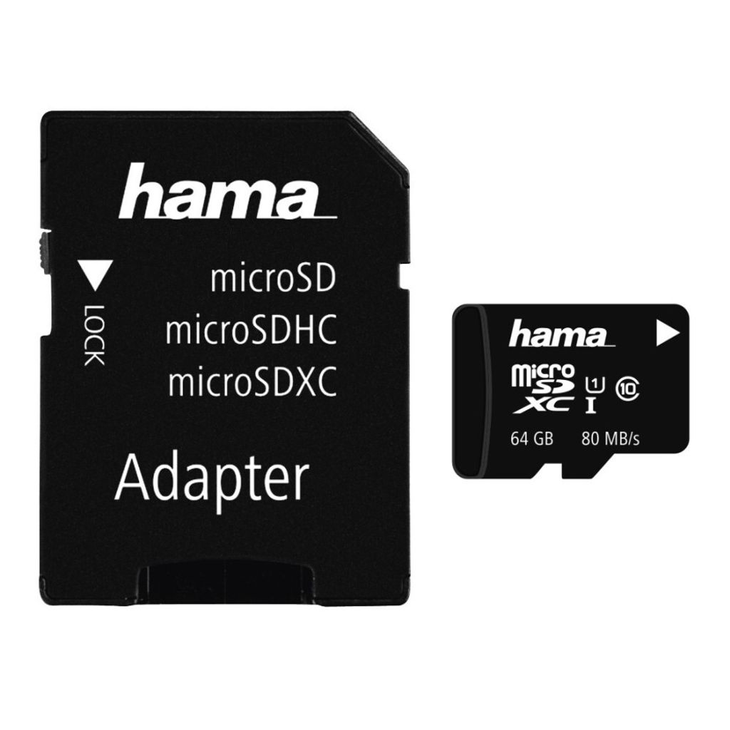 A black microSD card adapter and a black microSD card are shown against a white background.